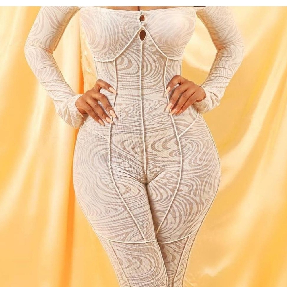 Neutral Swirl Mesh Long-Sleeve Jumpsuit